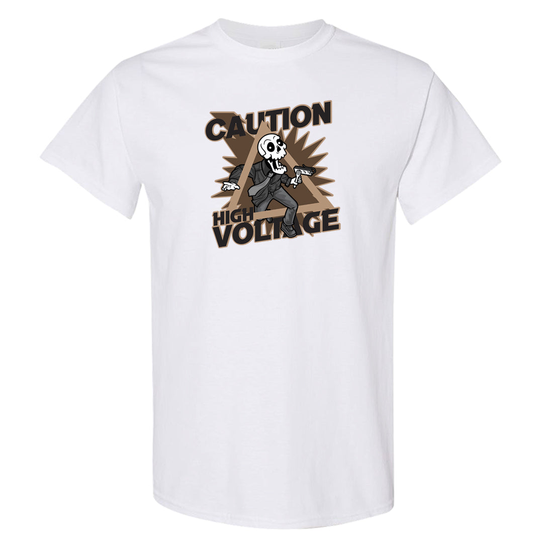Dark Brown Retro High 1s T Shirt | Caution High Voltage, White