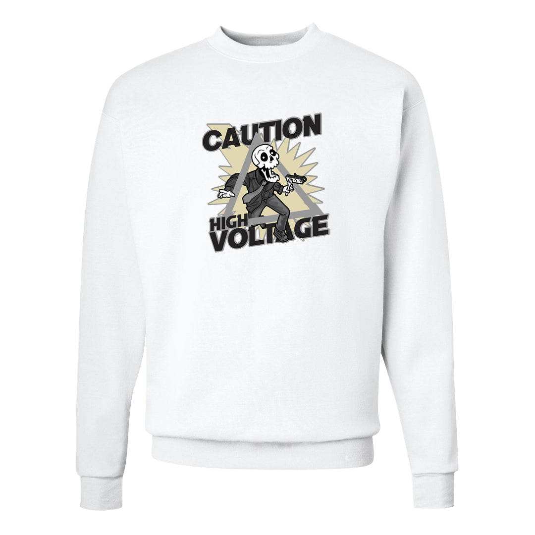 Frozen Moments 4s Crewneck Sweatshirt | Caution High Voltage, White