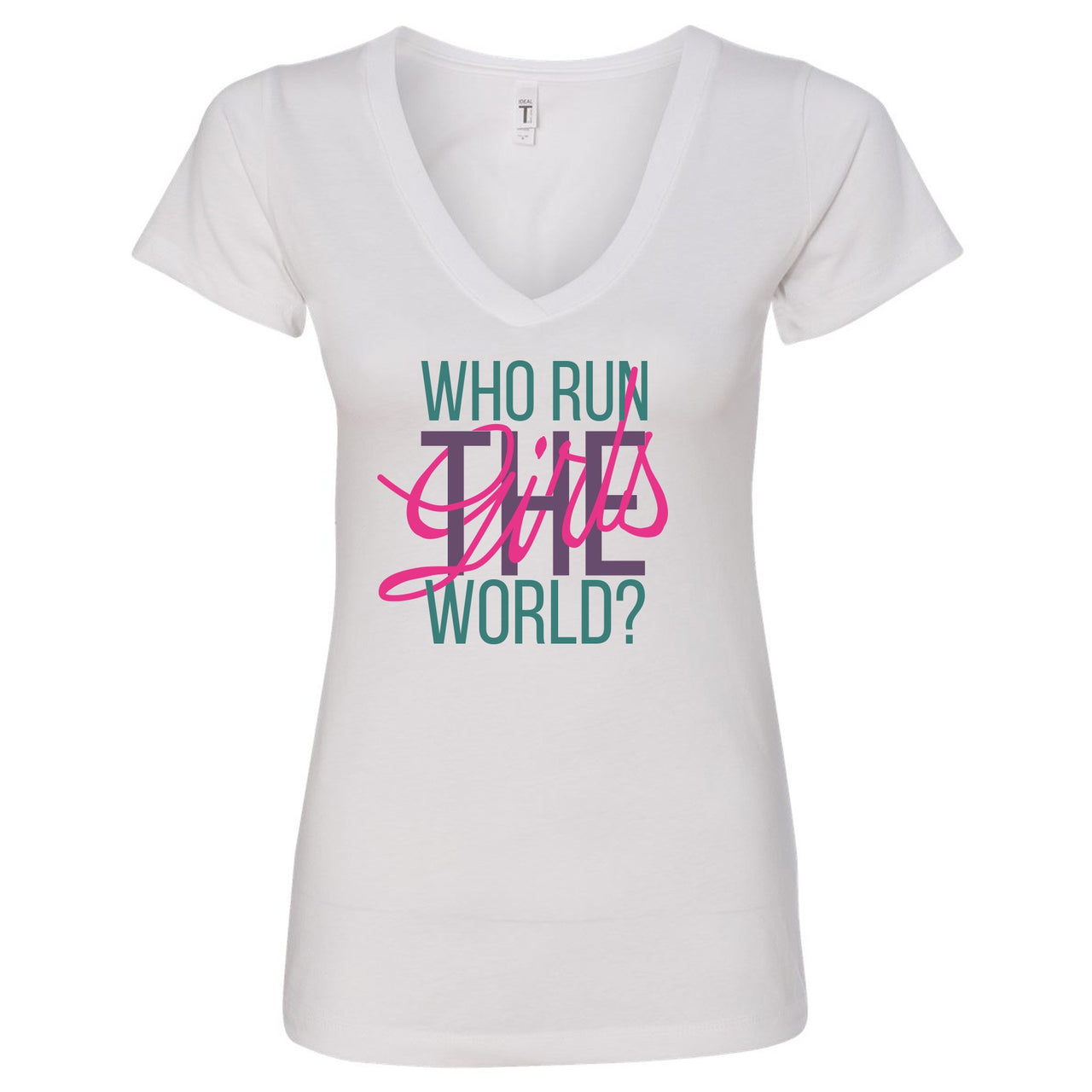 Mystic Green 200s Women V-Neck T Shirt | Who Runs The World, White