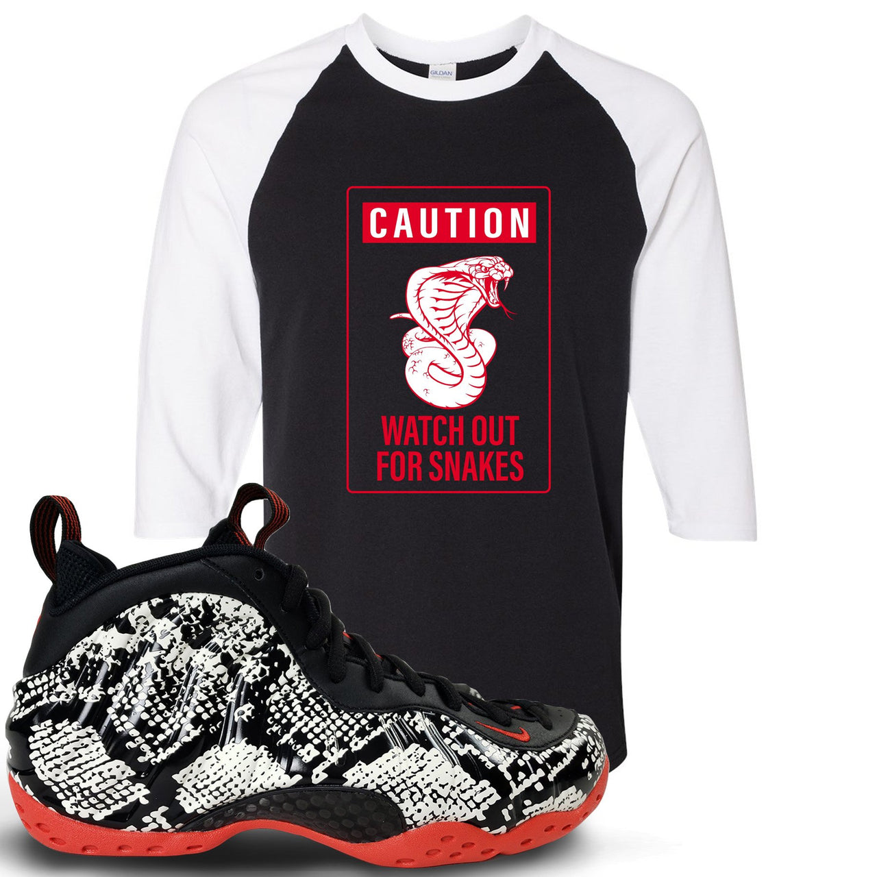 Snakeskin Foam Ones Raglan T Shirt | Caution Snake, Black and White
