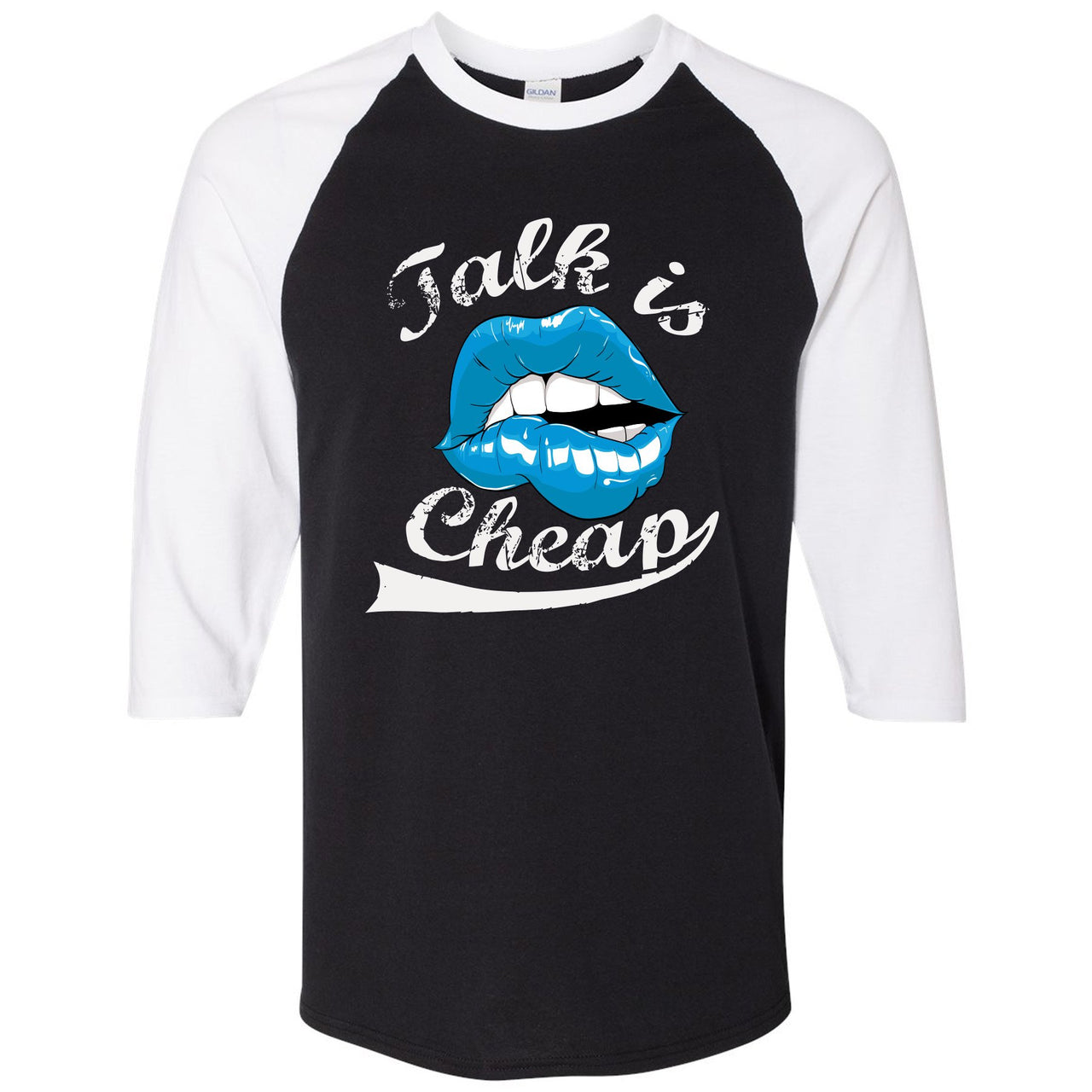 University Blue Blazers Raglan T Shirt | Talking Lips, Black and White