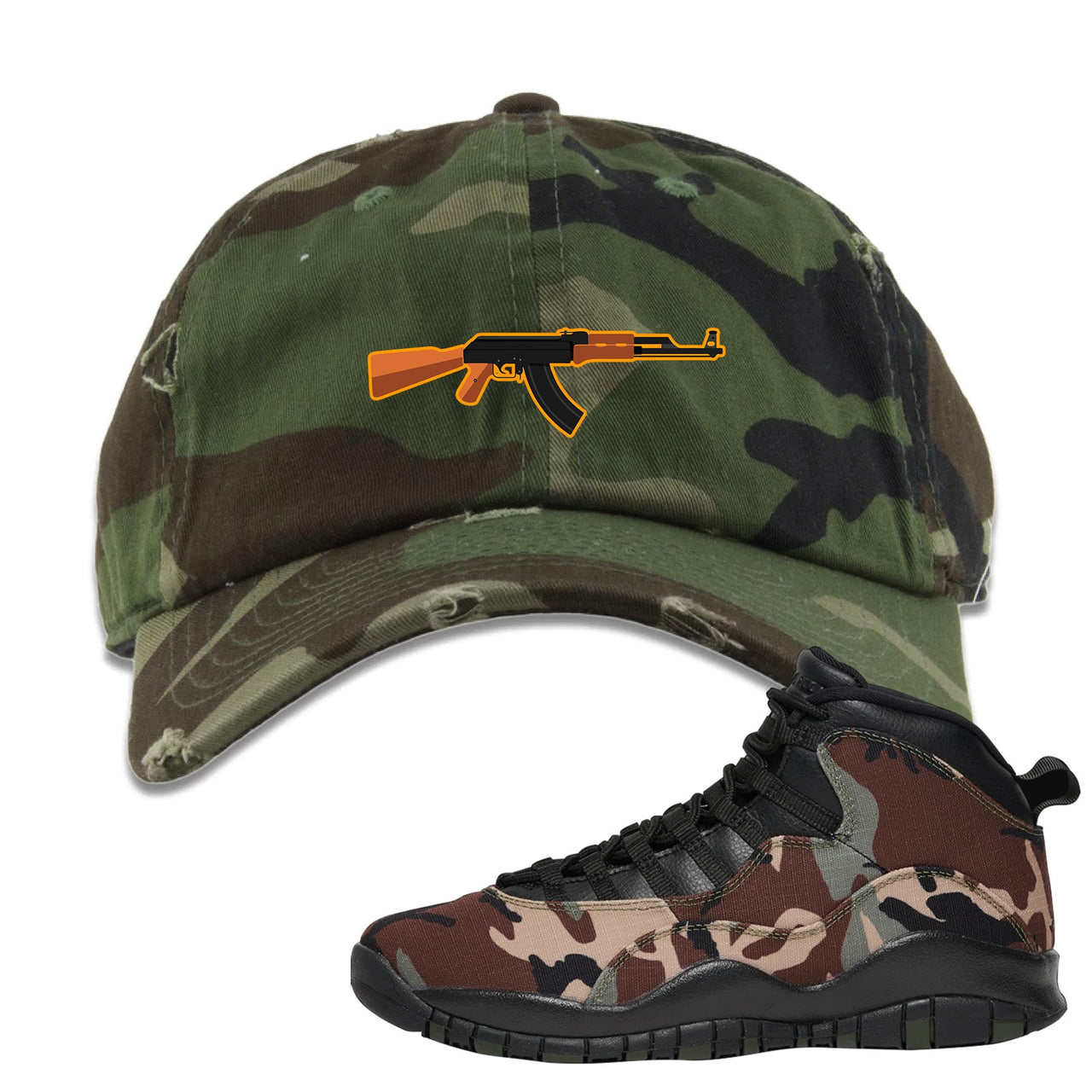 Woodland Camo 10s Distressed Dad Hat | AK47, Camouflage