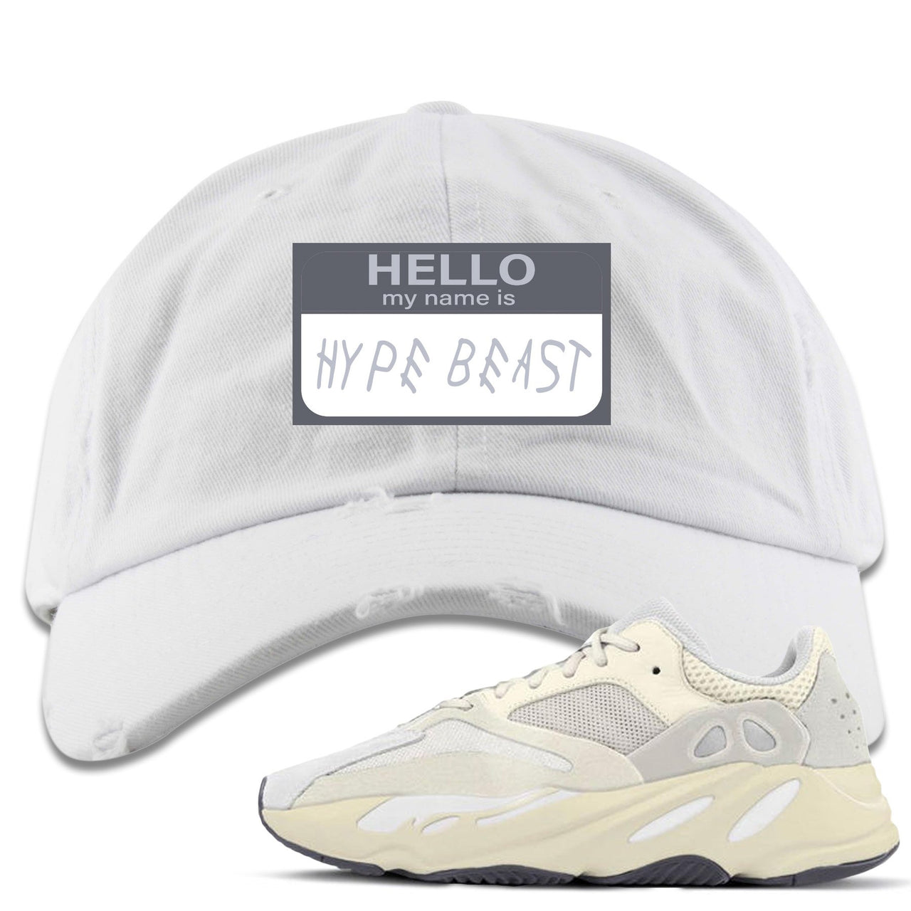 Analog 700s Distressed Dad Hat | Hello My Name Is Hype Beast Woe, White