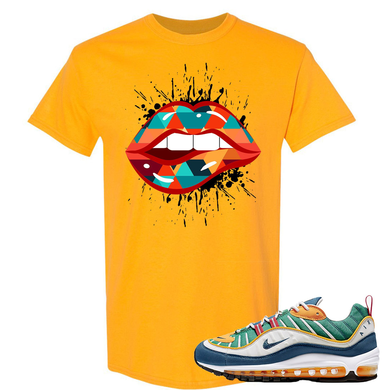 Multicolor 98s T Shirt | Lips Geometric Design, Gold Yellow