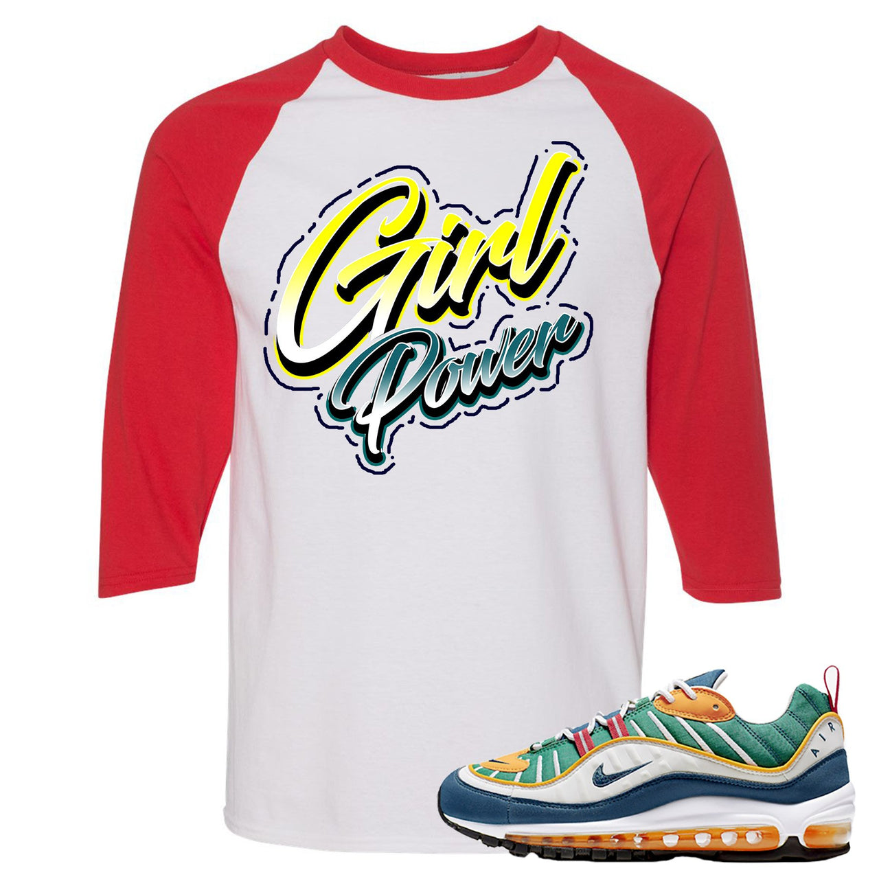 Multicolor 98s Raglan T Shirt | Girl Power, White and Red