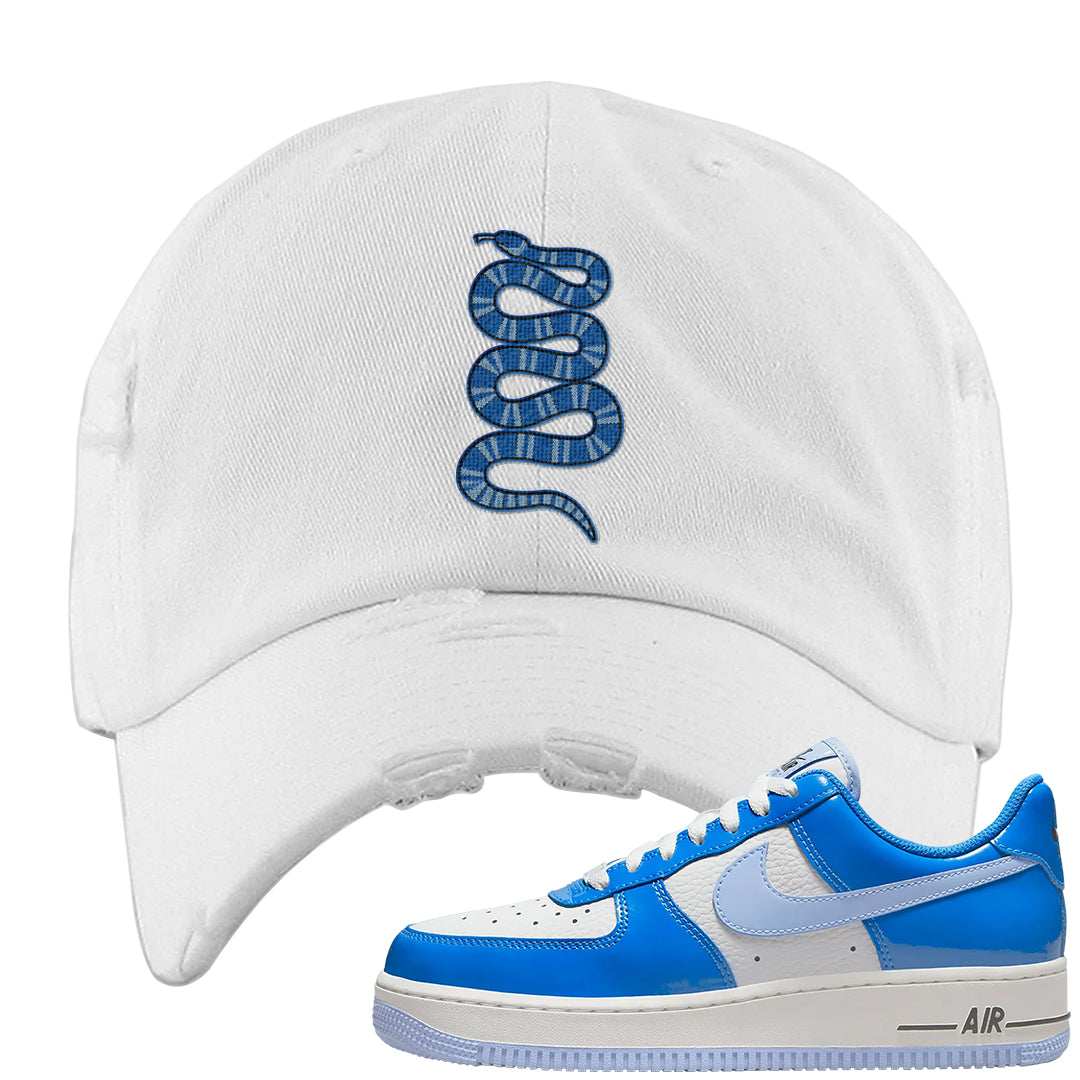 Blue White AF1s Distressed Dad Hat | Coiled Snake, White