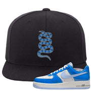 Blue White AF1s Snapback Hat | Coiled Snake, Black