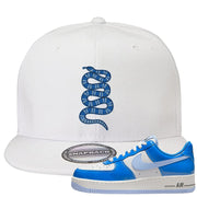 Blue White AF1s Snapback Hat | Coiled Snake, White