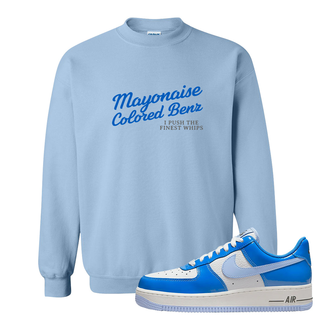 Blue White AF1s Crewneck Sweatshirt | Mayonaise Colored Benz, Light Blue