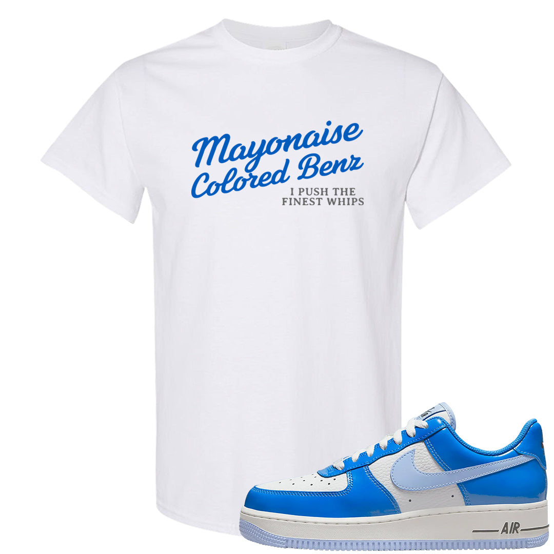 Blue White AF1s T Shirt | Mayonaise Colored Benz, White