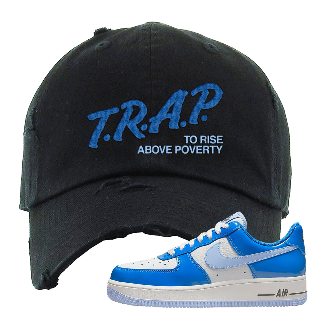 Blue White AF1s Distressed Dad Hat | Trap To Rise Above Poverty, Black