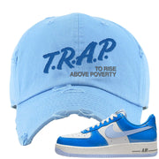 Blue White AF1s Distressed Dad Hat | Trap To Rise Above Poverty, Sky Blue