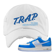 Blue White AF1s Distressed Dad Hat | Trap To Rise Above Poverty, White