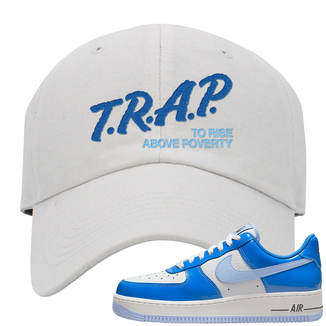 Blue White AF1s Dad Hat | Trap To Rise Above Poverty, White