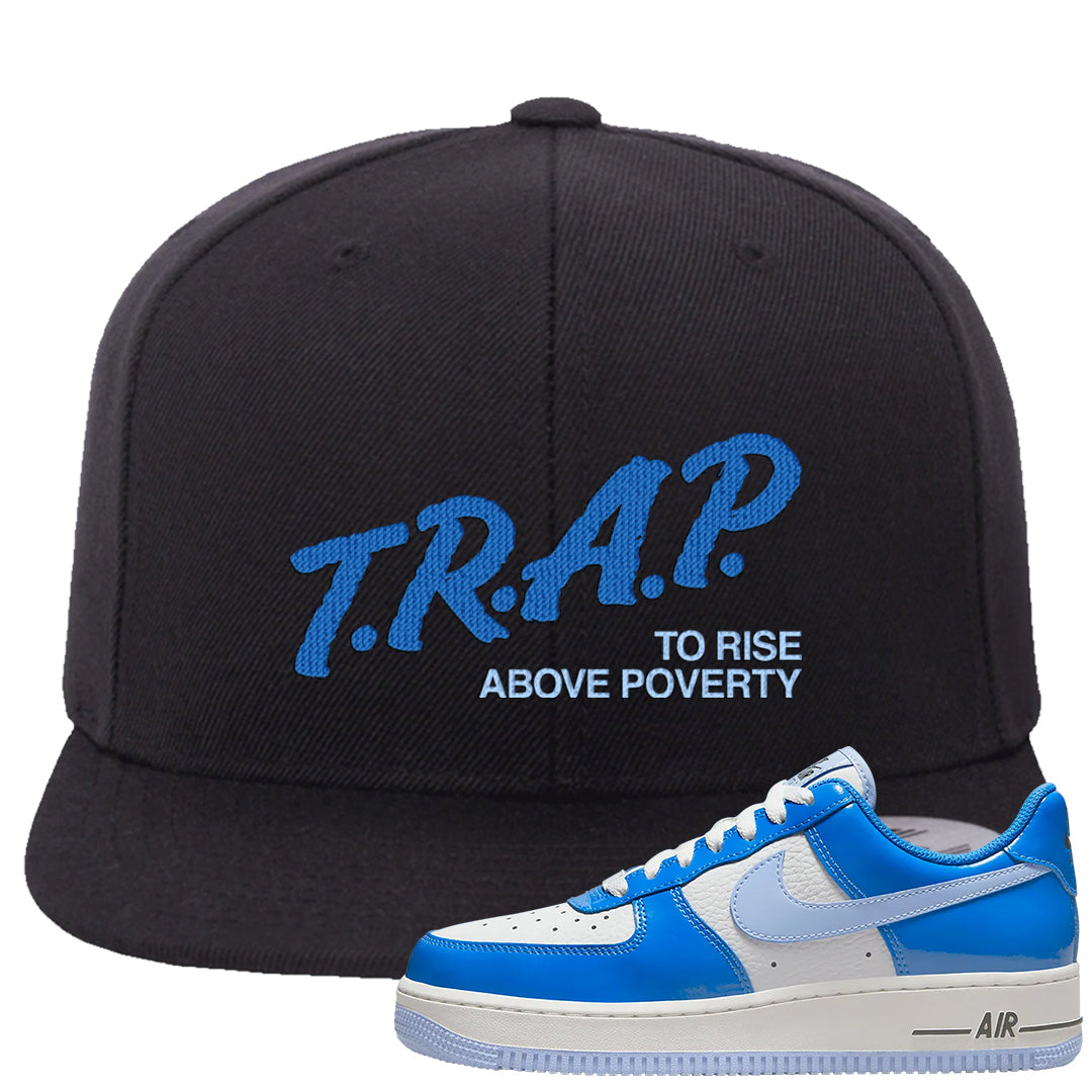 Blue White AF1s Snapback Hat | Trap To Rise Above Poverty, Black