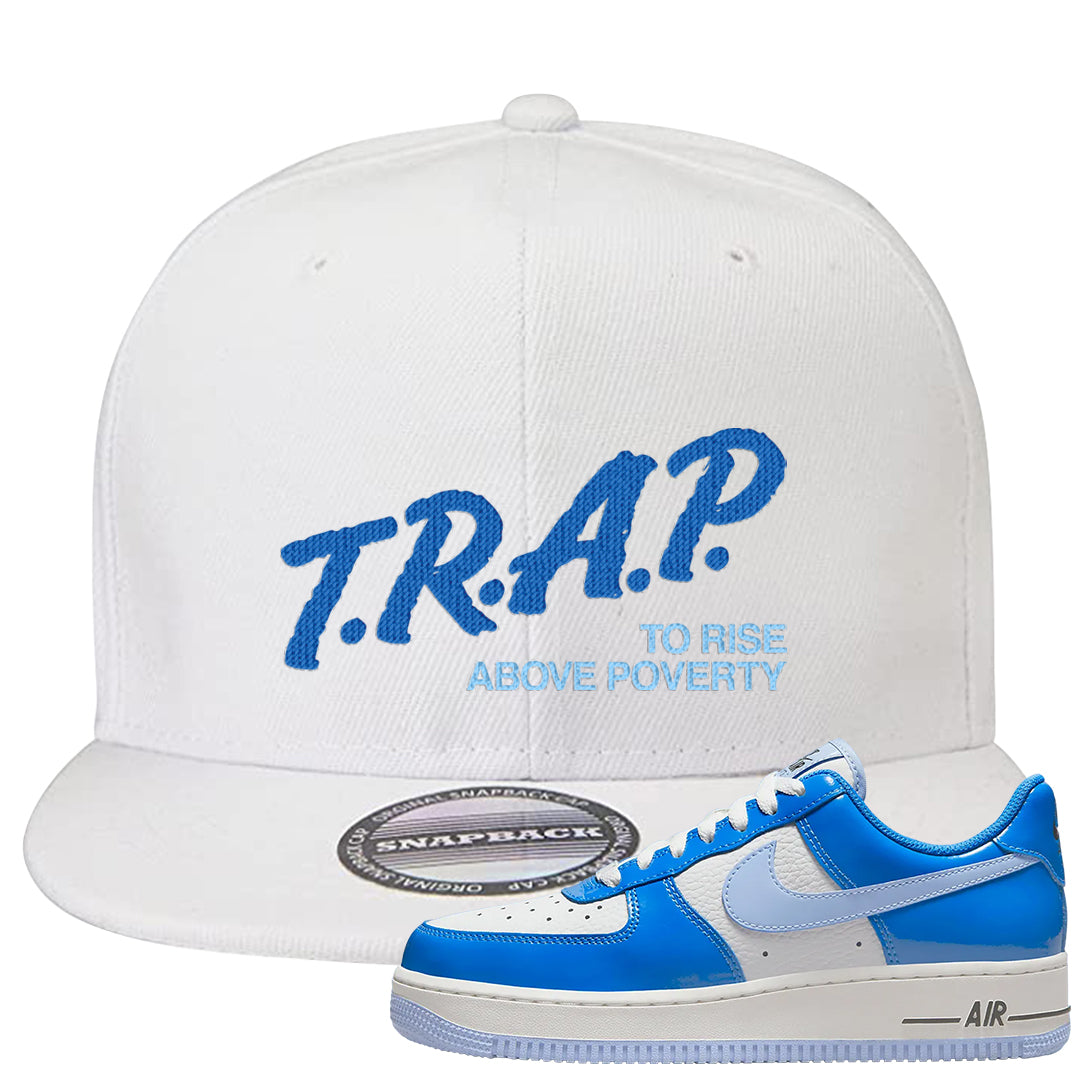 Blue White AF1s Snapback Hat | Trap To Rise Above Poverty, White