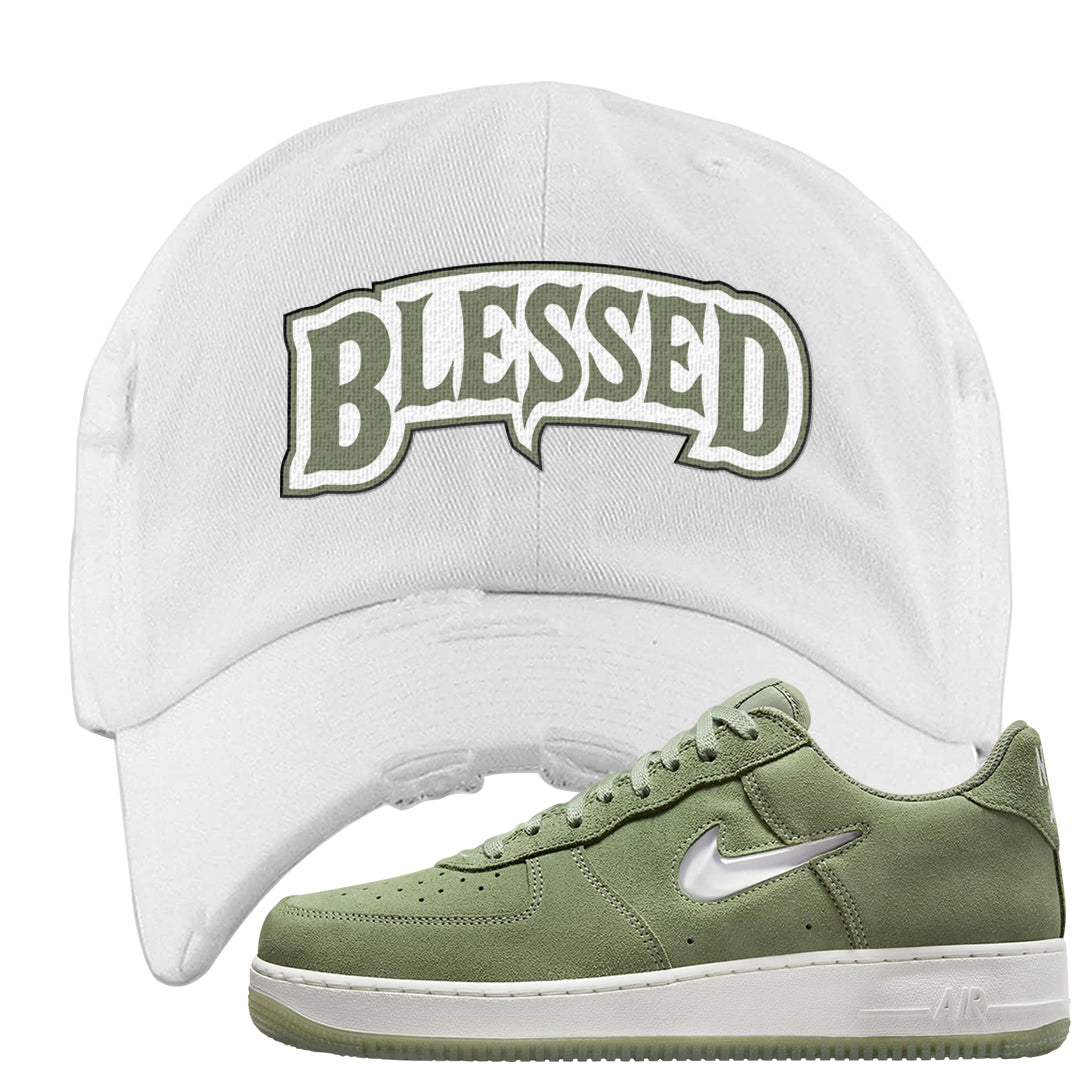 Color of The Month Low 1s Distressed Dad Hat | Blessed Arch, White