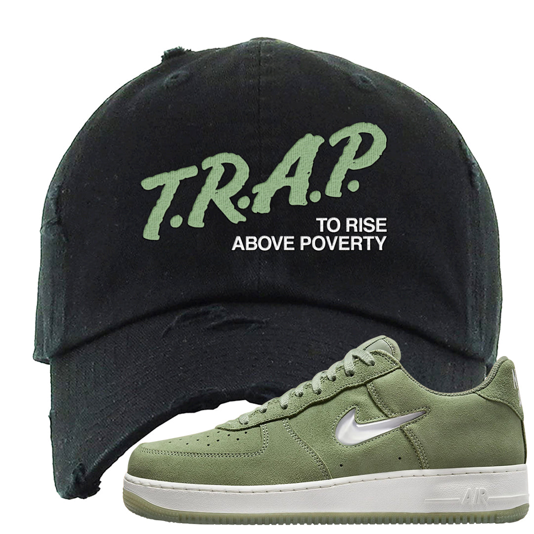 Color of The Month Low 1s Distressed Dad Hat | Trap To Rise Above Poverty, Black