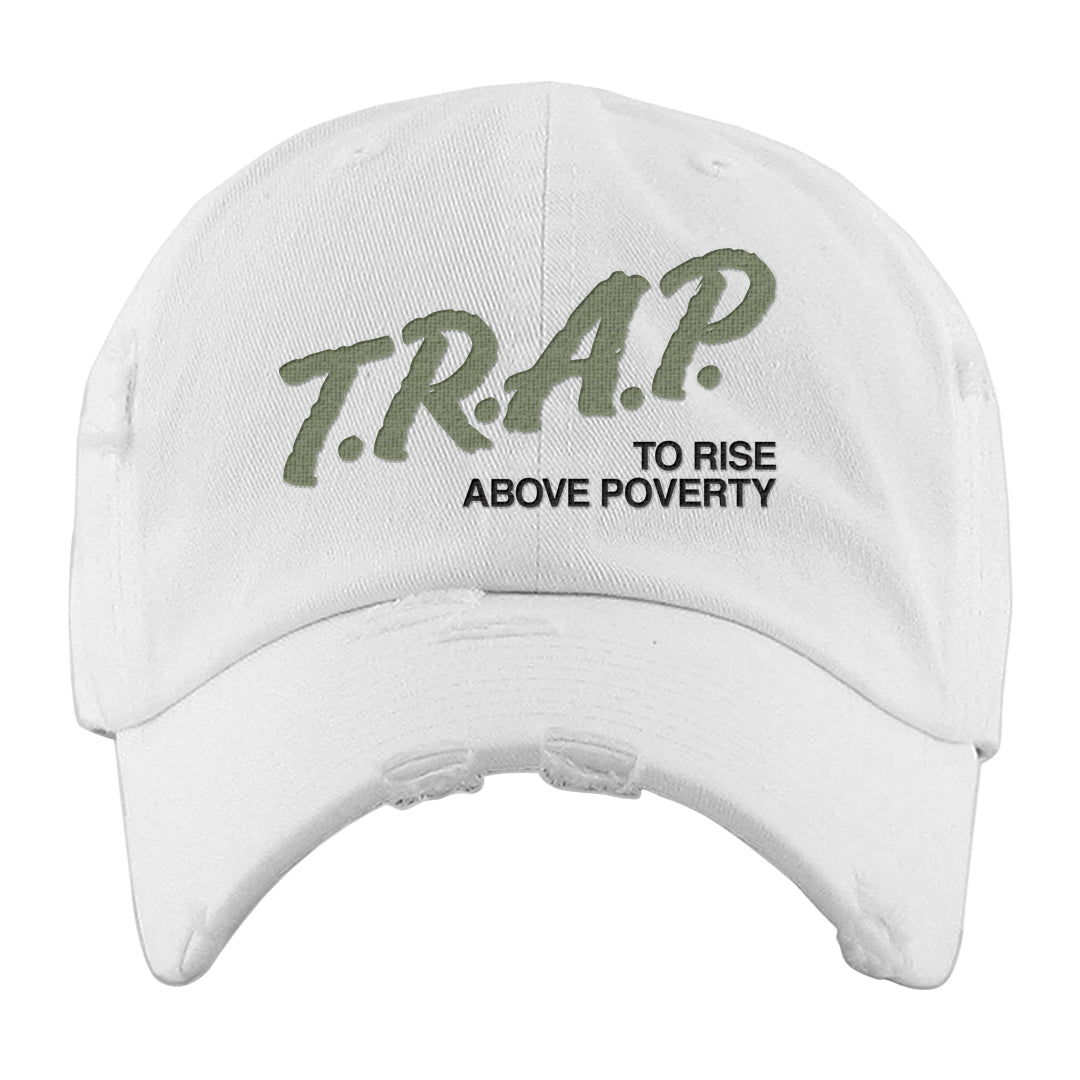 Color of The Month Low 1s Distressed Dad Hat | Trap To Rise Above Poverty, White