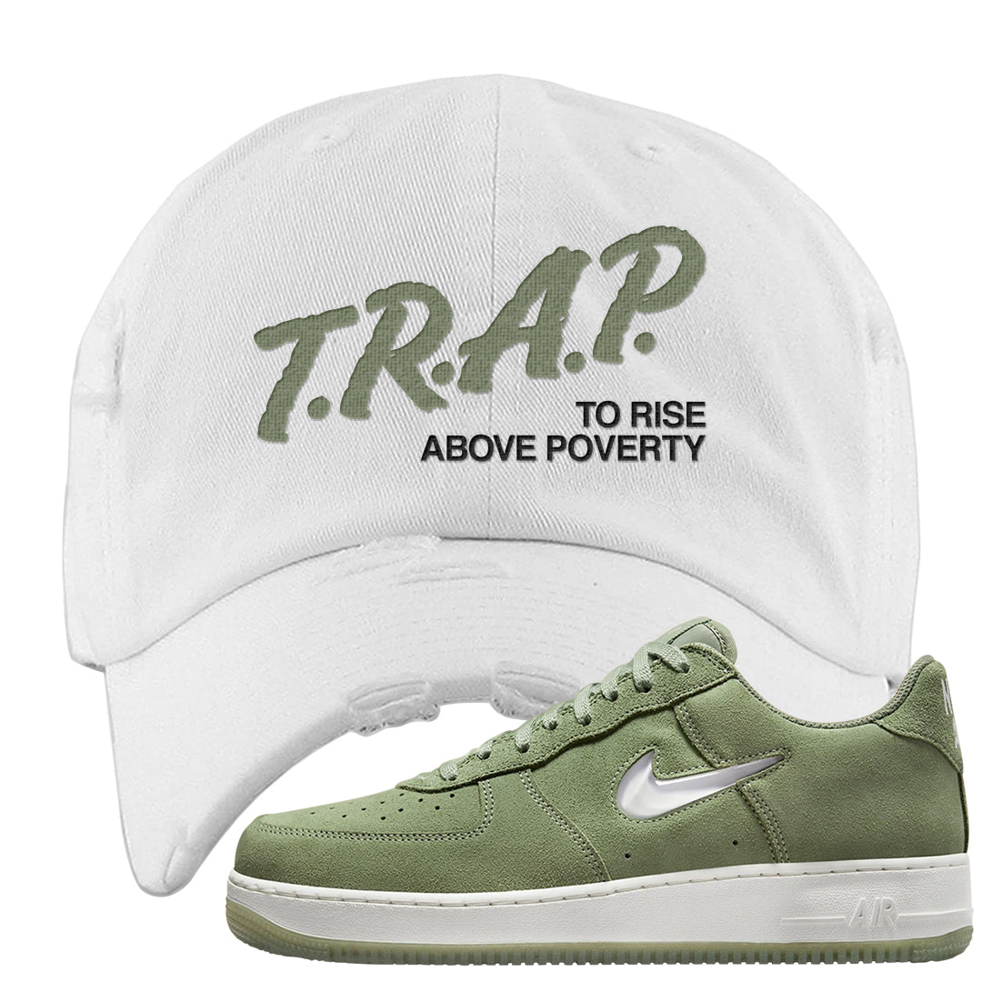 Color of The Month Low 1s Distressed Dad Hat | Trap To Rise Above Poverty, White