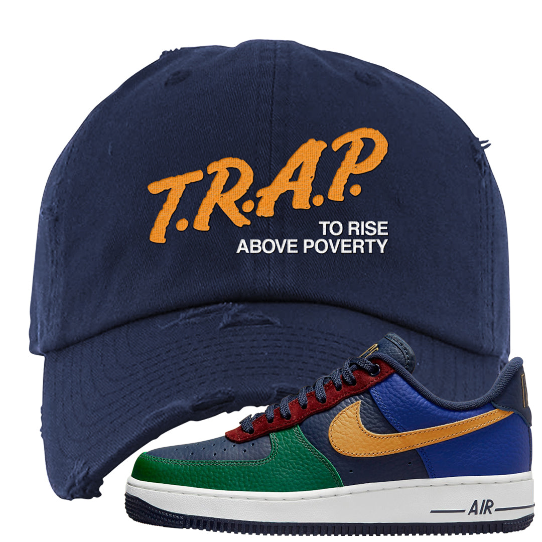 Gorge Green AF1s Distressed Dad Hat | Trap To Rise Above Poverty, Navy