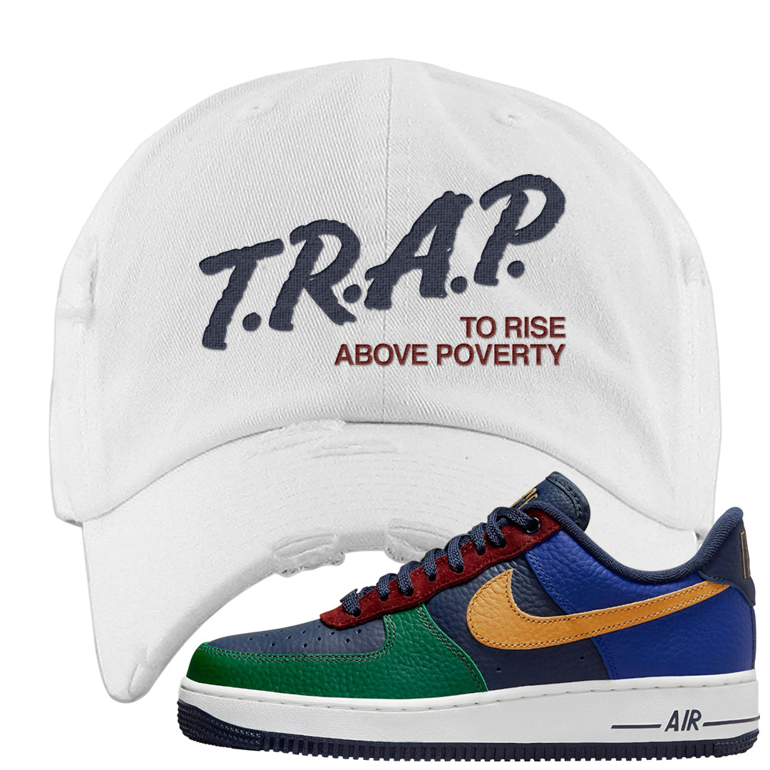 Gorge Green AF1s Distressed Dad Hat | Trap To Rise Above Poverty, White