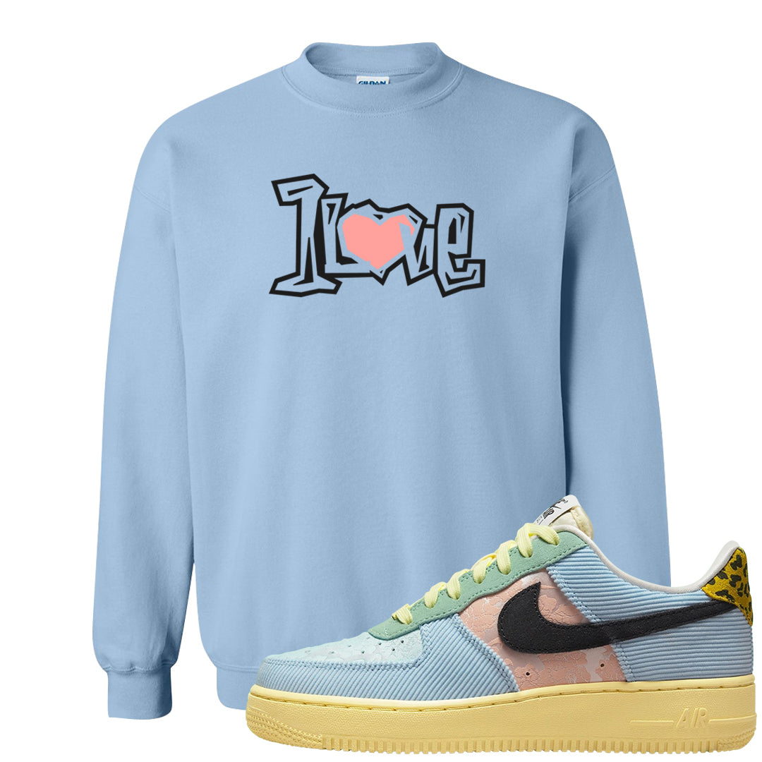 Multi-Pattern AF 1s Crewneck Sweatshirt | 1 Love, Light Blue