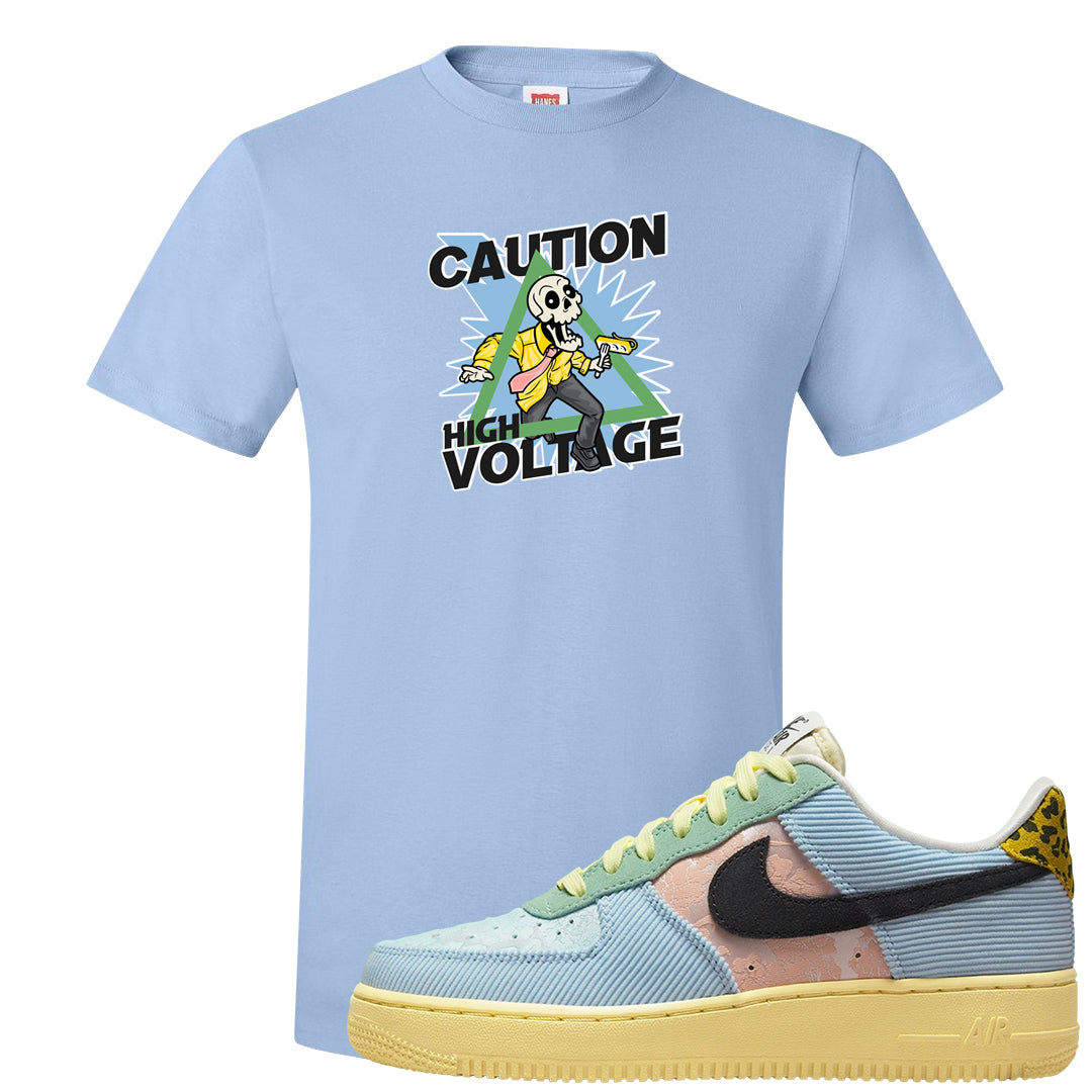 Multi-Pattern AF 1s T Shirt | Caution High Voltage, Light Blue