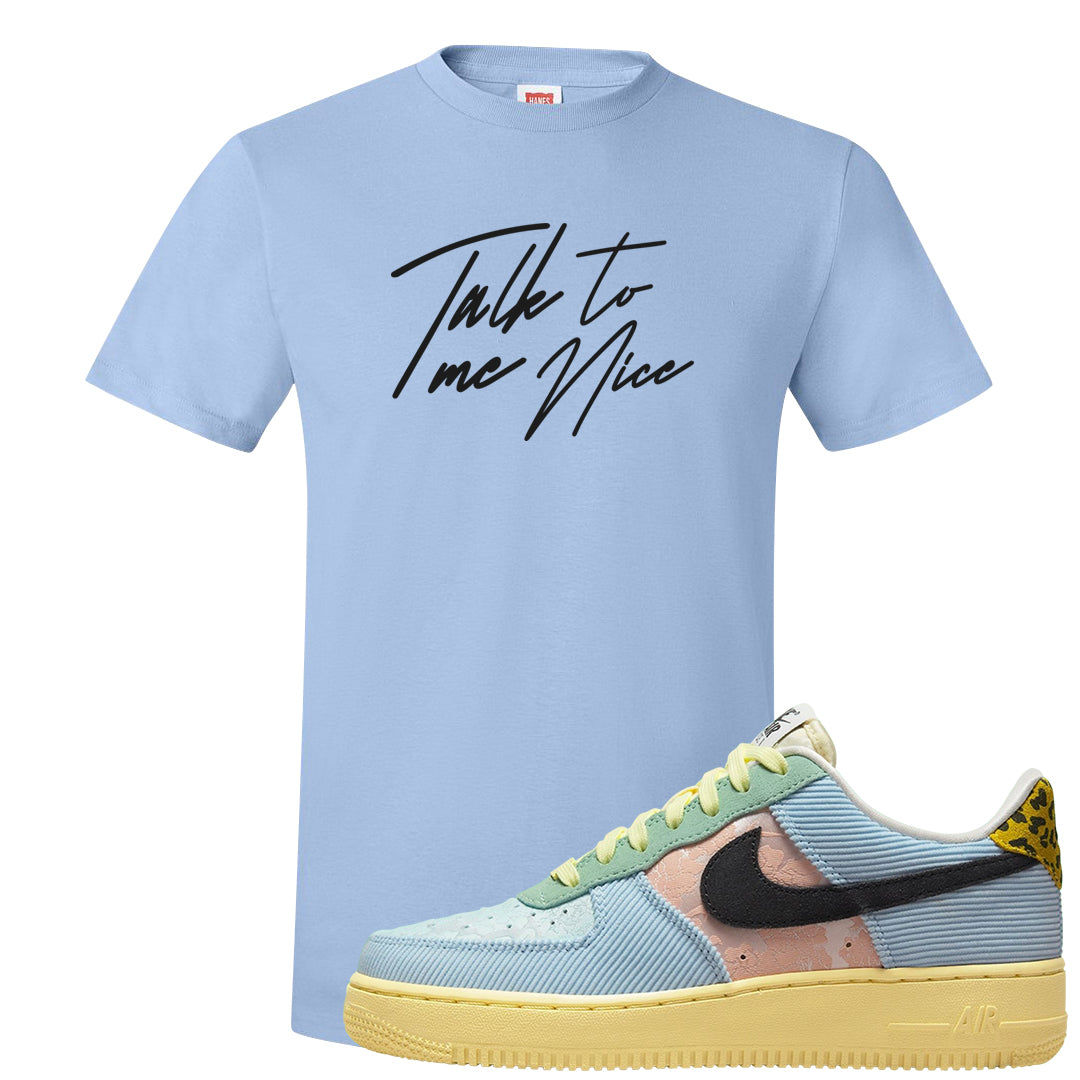 Multi-Pattern AF 1s T Shirt | Talk To Me Nice, Light Blue