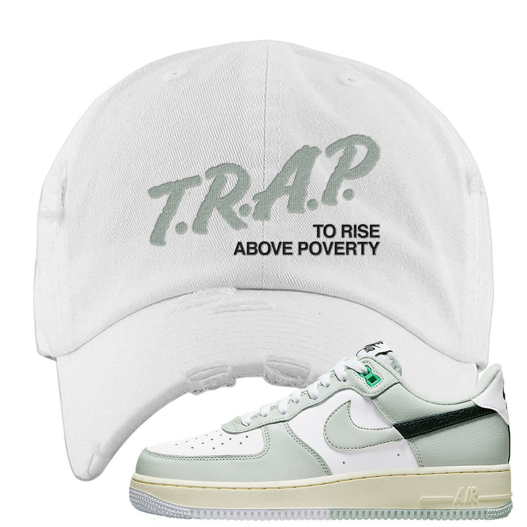 Split Grey White Black Low 1s Distressed Dad Hat | Trap To Rise Above Poverty, White