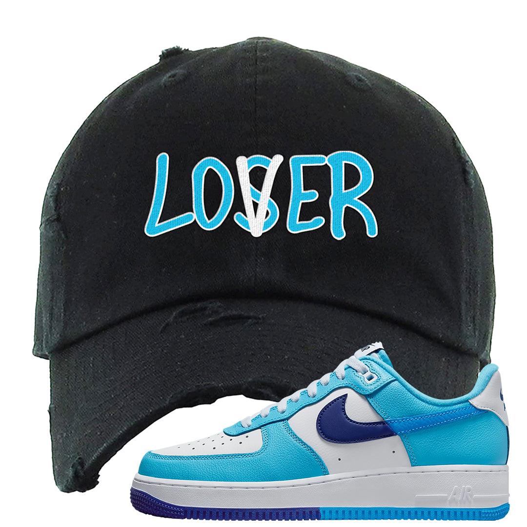 Split Light Photo Blue Low 1s Distressed Dad Hat | Lover, Black