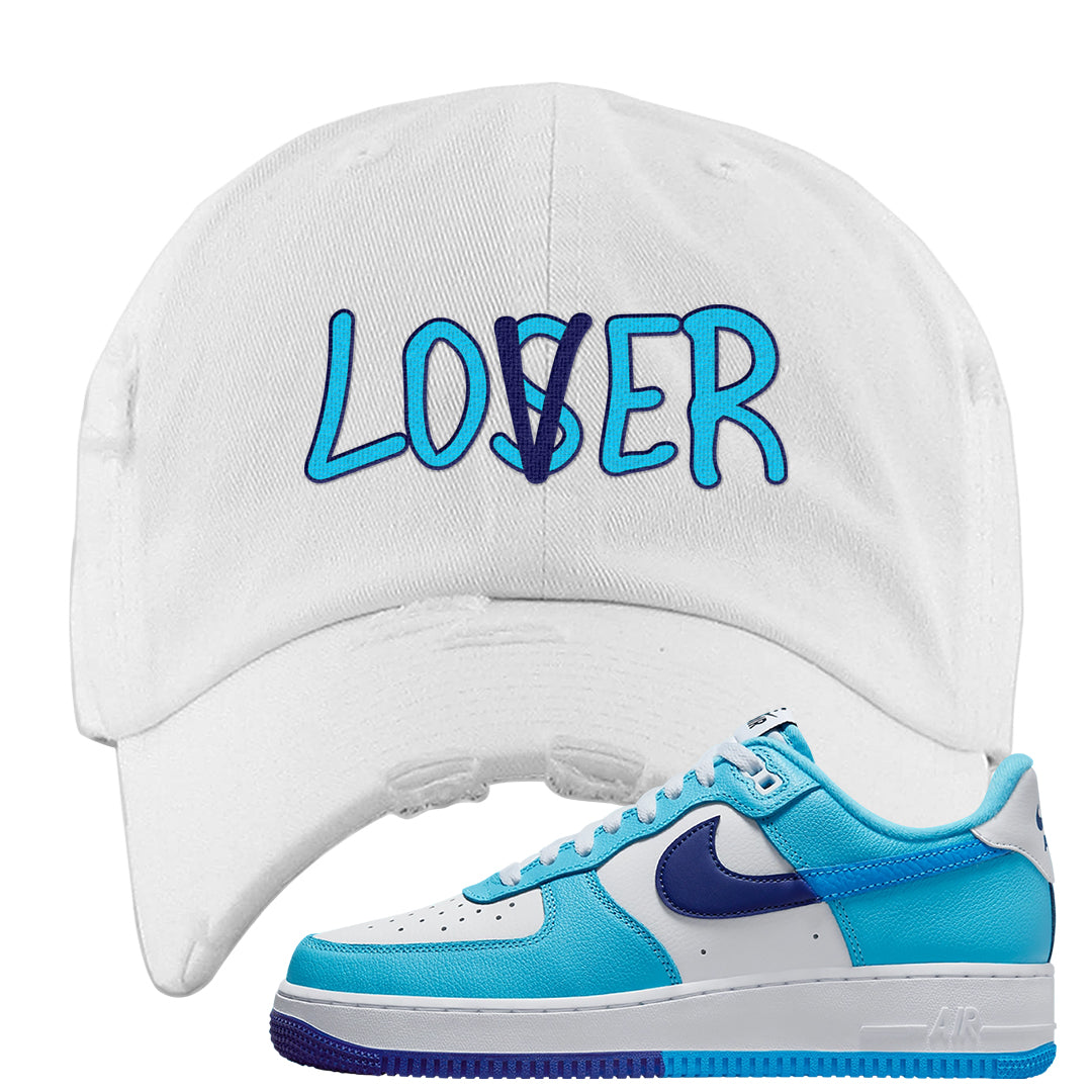 Split Light Photo Blue Low 1s Distressed Dad Hat | Lover, White