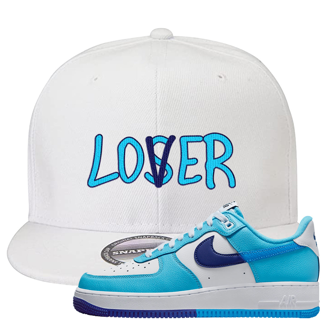 Split Light Photo Blue Low 1s Snapback Hat | Lover, White