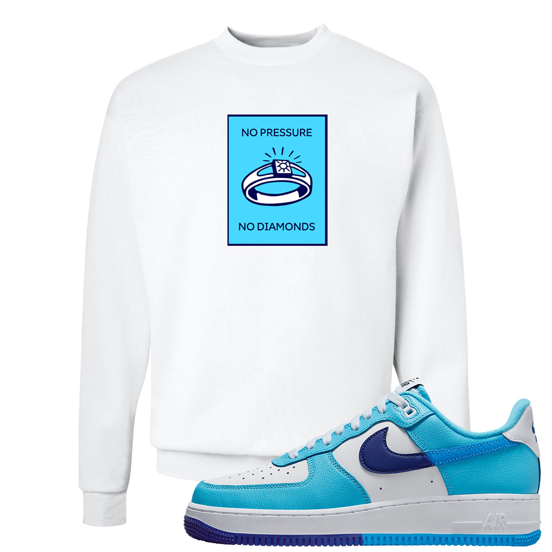 Split Light Photo Blue Low 1s Crewneck Sweatshirt | No Pressure No Diamond, White