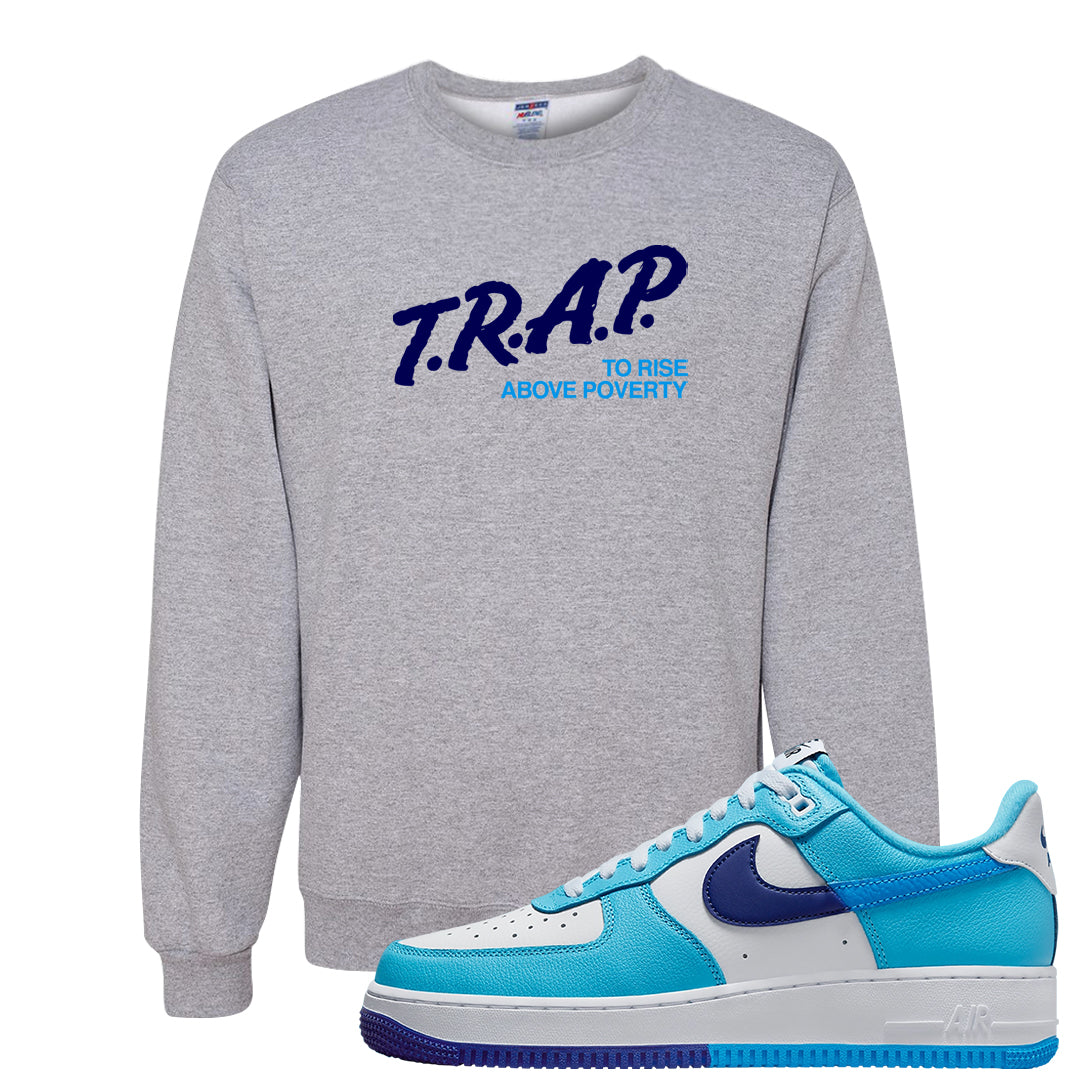 Split Light Photo Blue Low 1s Crewneck Sweatshirt | Trap To Rise Above Poverty, Ash