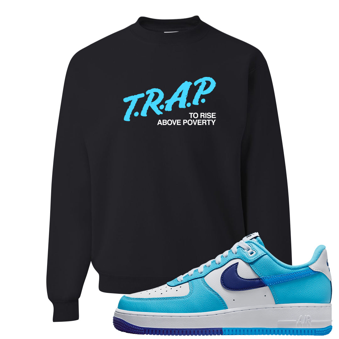 Split Light Photo Blue Low 1s Crewneck Sweatshirt | Trap To Rise Above Poverty, Black