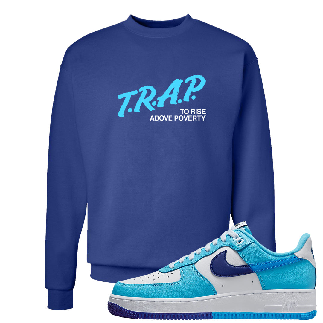 Split Light Photo Blue Low 1s Crewneck Sweatshirt | Trap To Rise Above Poverty, Deep Royal