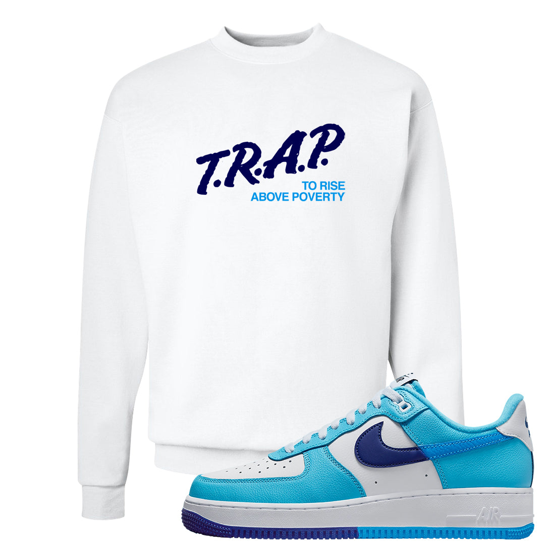 Split Light Photo Blue Low 1s Crewneck Sweatshirt | Trap To Rise Above Poverty, White