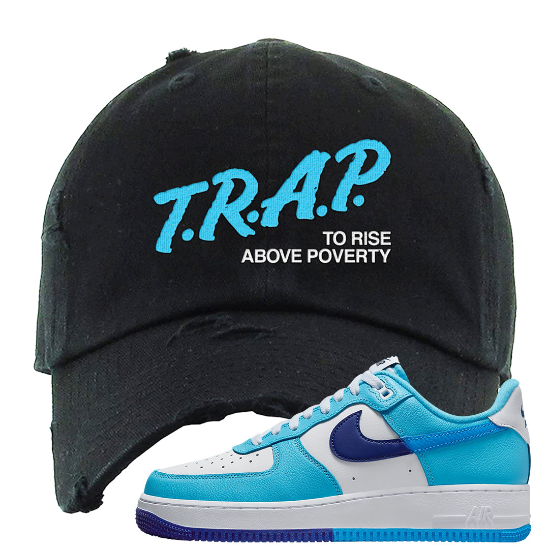 Split Light Photo Blue Low 1s Distressed Dad Hat | Trap To Rise Above Poverty, Black