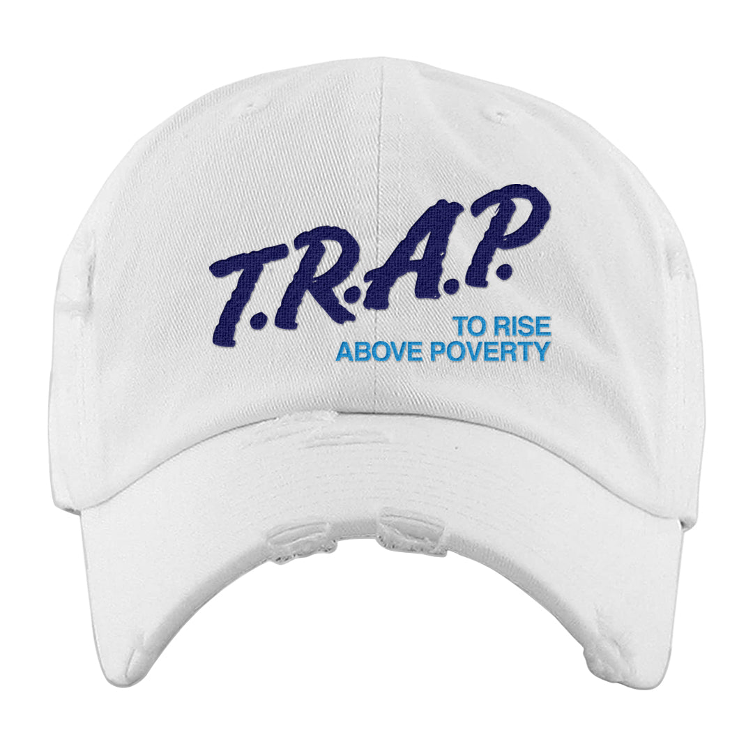 Split Light Photo Blue Low 1s Distressed Dad Hat | Trap To Rise Above Poverty, White