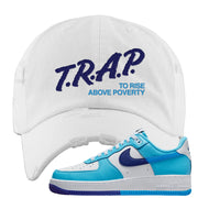 Split Light Photo Blue Low 1s Distressed Dad Hat | Trap To Rise Above Poverty, White