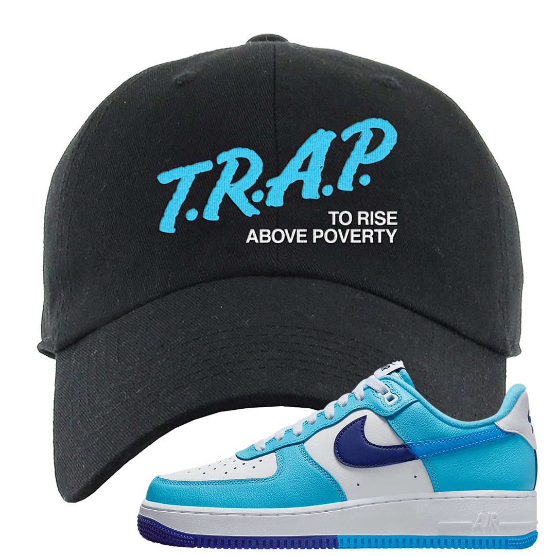 Split Light Photo Blue Low 1s Dad Hat | Trap To Rise Above Poverty, Black