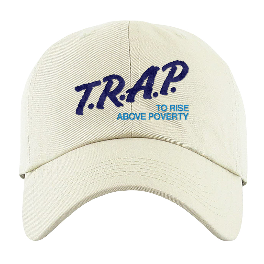 Split Light Photo Blue Low 1s Dad Hat | Trap To Rise Above Poverty, White