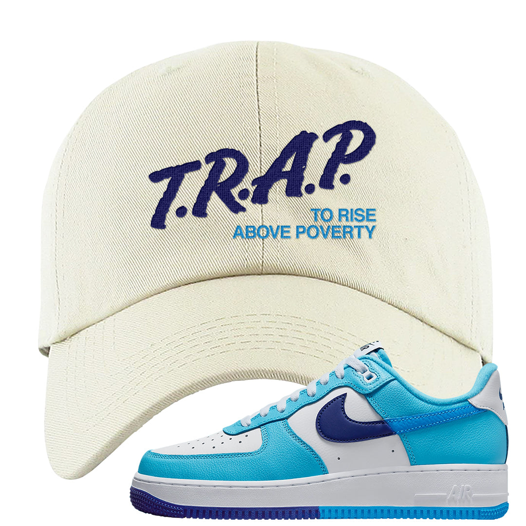 Split Light Photo Blue Low 1s Dad Hat | Trap To Rise Above Poverty, White