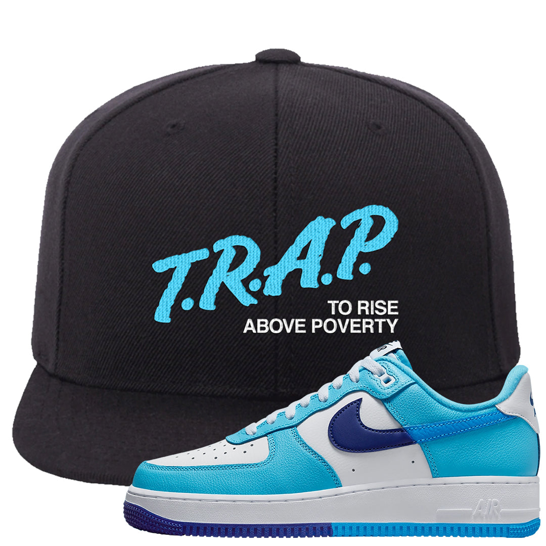 Split Light Photo Blue Low 1s Snapback Hat | Trap To Rise Above Poverty, Black