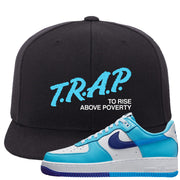 Split Light Photo Blue Low 1s Snapback Hat | Trap To Rise Above Poverty, Black