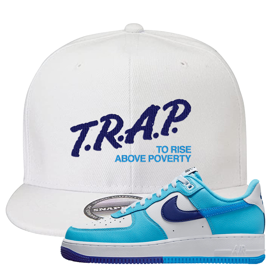 Split Light Photo Blue Low 1s Snapback Hat | Trap To Rise Above Poverty, White