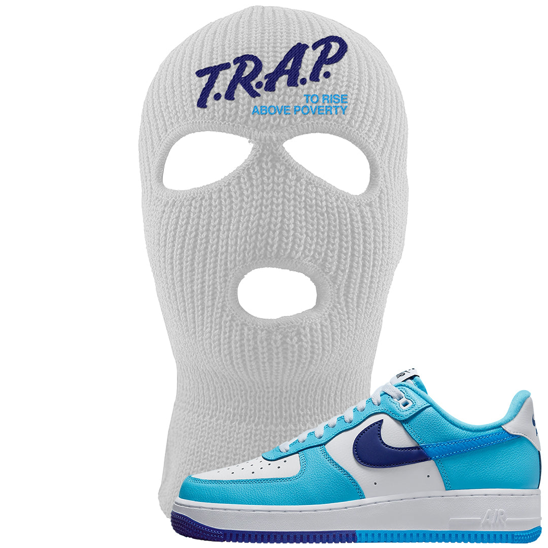 Split Light Photo Blue Low 1s Ski Mask | Trap To Rise Above Poverty, White