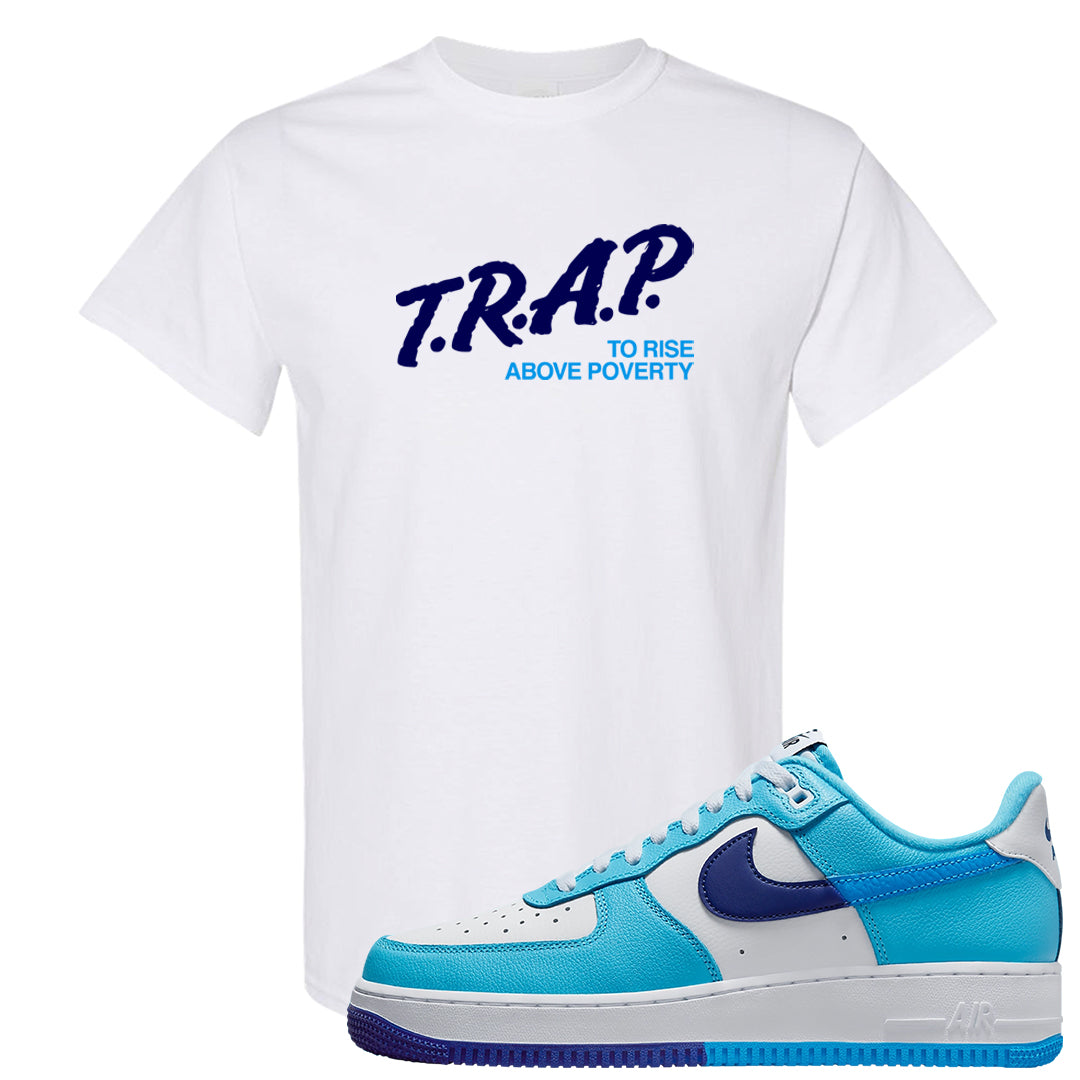 Split Light Photo Blue Low 1s T Shirt | Trap To Rise Above Poverty, White