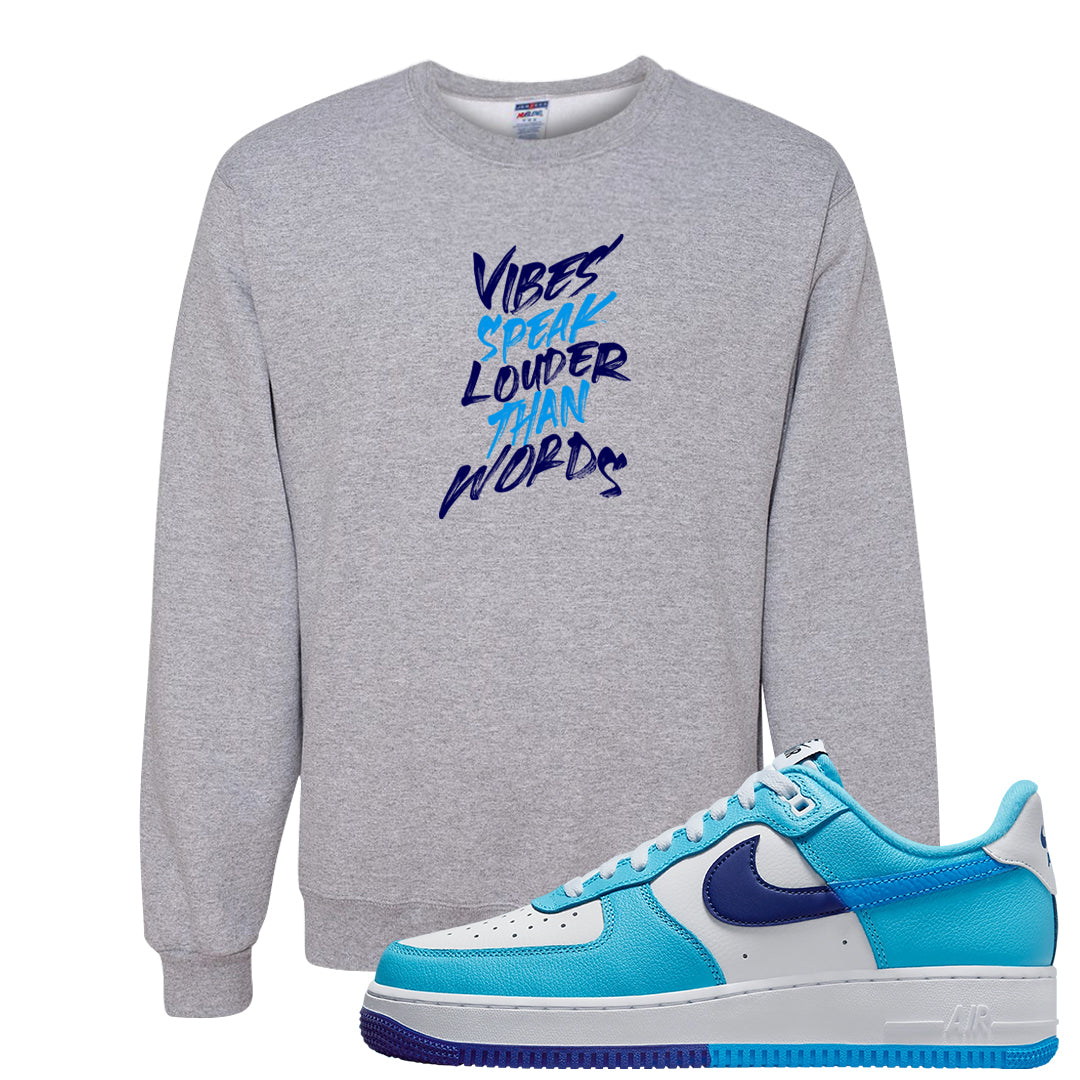 Split Light Photo Blue Low 1s Crewneck Sweatshirt | Vibes Speak Louder Than Words, Ash